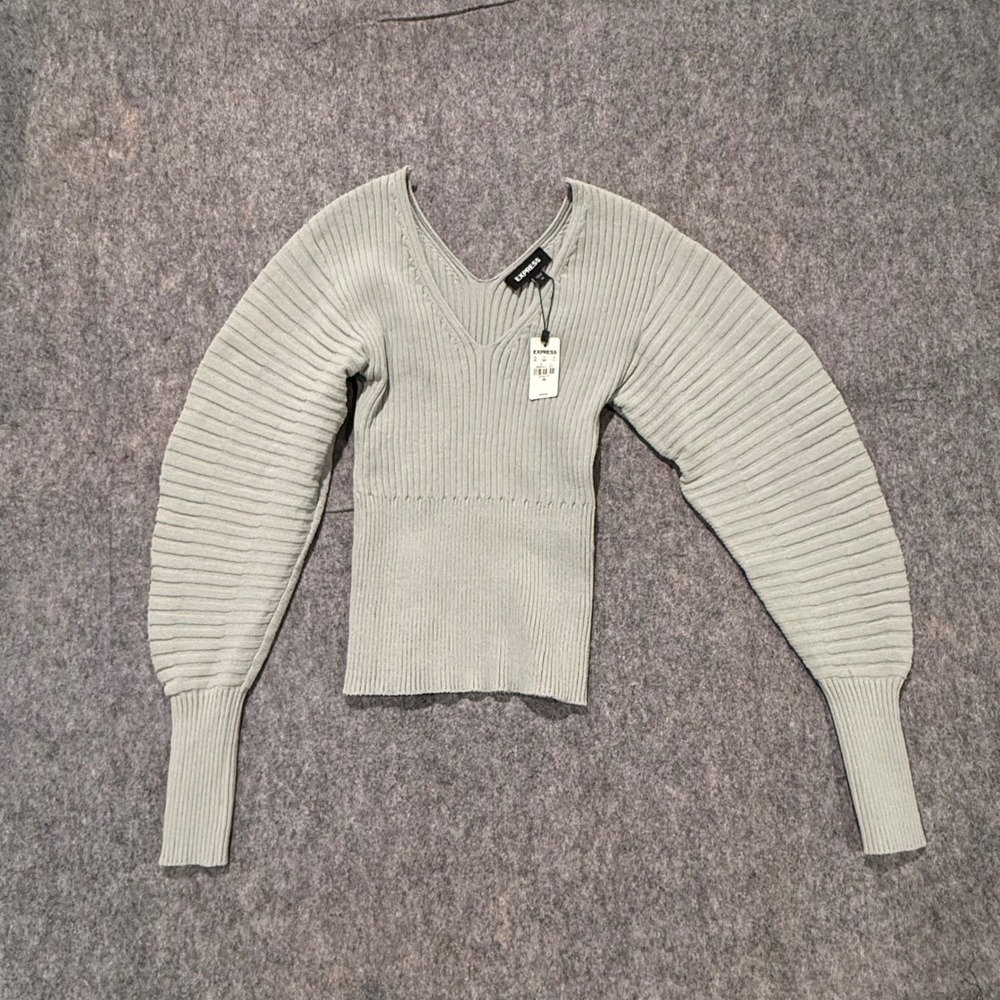 Express‎ Womens Ribbed V-Neck Balloon Sleeve Sweater Sage Green XS NWT